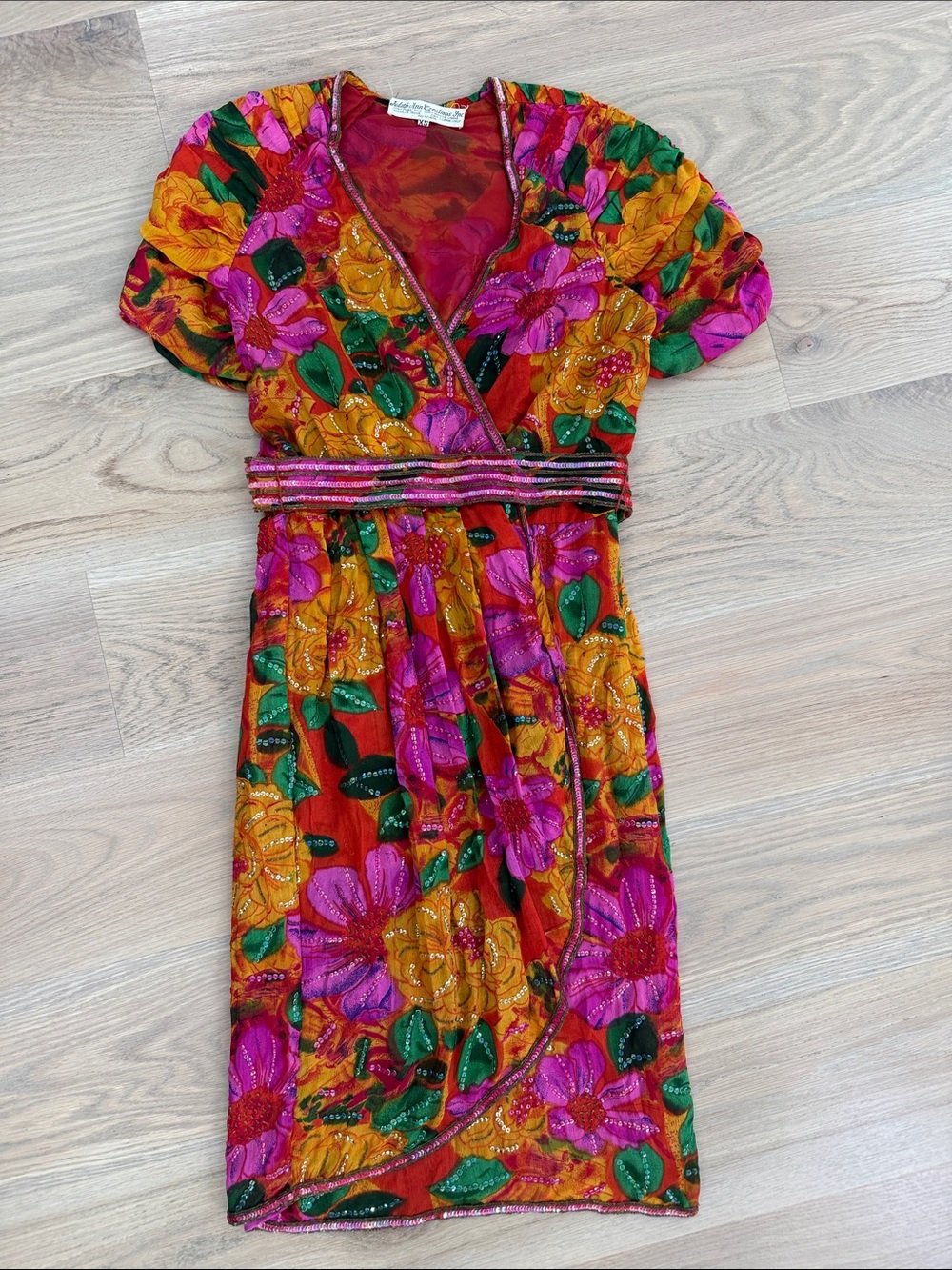 VTG Judith Ann Creations 100% Silk Beaded Floral Wrap Midi Dress NWT XS